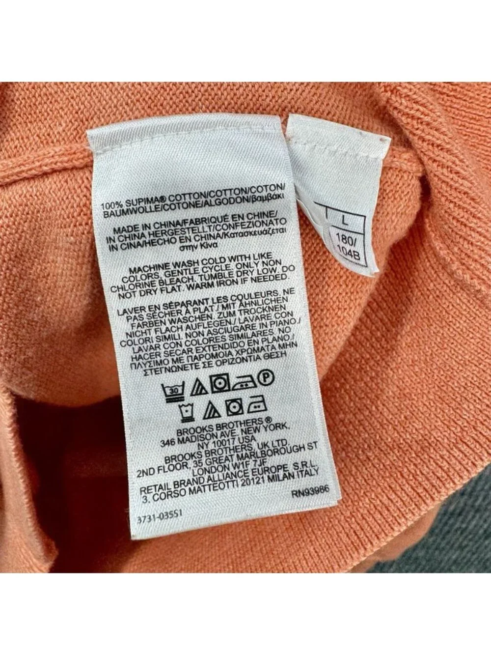 Brooks Brothers 346 Sweater Mens Large Orange Peach 100% Supima Cotton V-Neck